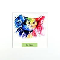 BE WISE, Mini-Aquarell Eule Kunstdruck handsigniert, Fine Mini Art Print Watercolor painting Owl, In