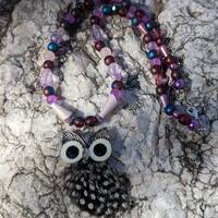 Beaded Owl Necklace, Feather Charm, Adjustable Length