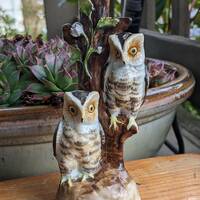 Vintage Hand Painted Owls In Tree Ceramic Figurine, Unique And Painted With Lots Of Detail