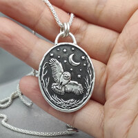 Solid Silver Owl Pendant Necklace: Starry Night Wax Seal, Handmade Charm, Liliane Ting Design
