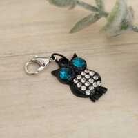 Silver Owl Charm: Turquoise & Rhinestone Badge Reel Dangle