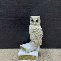 Owl on a Book - Athena Goddess Symbol of Wisdom 12cm-4.72in Alabaster Handmade Sculpture White Marbl