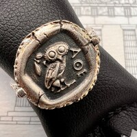 Owl of goddess Athena Nike Minerva Ancient Greek Coin Ring Sterling silver 925
