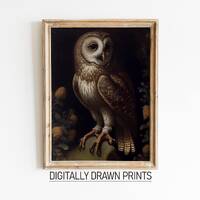 Dark Academia Owl Print, Moody Dark Decor, Gothic Vintage Wall Art, Antique Owl Painting, Wall Art P