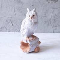 Vintage Terra Cotta White Glazed Owl Perched On Hollow Tree Stump