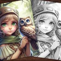 Girl and her Owl Fantasy Coloring Page, Adults & kids- Instant Download - Grayscale Coloring Pag