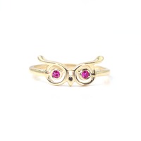 14k Owl Ring | Natural Ruby Eyes Ring | Yellow Gold Animal Ring | Statement Bird Ring | Ruby Ring | 