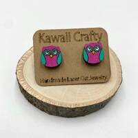 Hand Painted Wood Owl Stud Earrings, Magenta + Teal