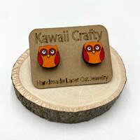 Hand Painted Owl Stud Earrings, Laser Cut Wood Jewelry