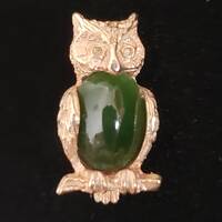 Owl Brooch Vintage Brooch 14K Yellow Gold Jelly Belly Green Stone Estate Jewelry Collectible Pin Fin