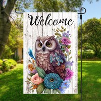 12x18 Garden Flag Sublimation Design, Owl and Flowers, Welcome, Digital Design, PNG
