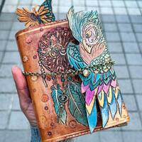 Handmade Tooled Leather Journal Cover , Owl & Dreamcatcher Design, Custom tooled leather noteboo