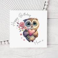 Personalised Floral Owl Birthday Greetings Card - Any Name