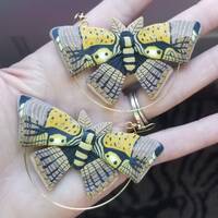 Polymer clay owl moth statement hoop earrings, owl moth earrings, hoop earrings, moth hoop earrings,