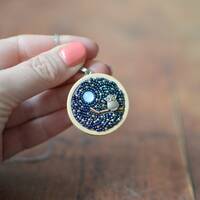 Bead Embroidery Owl Necklace, Nature Lover Gift, Celestial Jewelry, Starry Night Brooch
