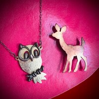Vintage Owl Pendant and Deer Pin - Mixed Gold-tone, Silver-tone, and Copper