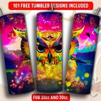 Neon Owl Tumbler Wrap PNG, Animal 20 oz Skinny Tumbler Sublimation Design, Instant Download (+101 fr