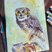 Owl Painting Bird Original Art Owl Watercolor Painting Animal Artwork Deco Gift Owls lovers Wall Art