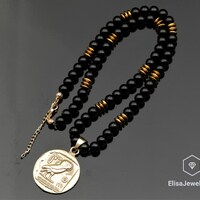 Owl Coin Pendant Necklace Natural Black Onyx Hematite Beaded Birthstone Emotional Calming Necklace F