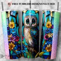Owl Flower Stained Glass 20 oz Skinny Tumbler Sublimation Design, Instant Digital Download PNG, tumb