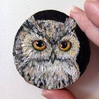 Long-eared gray owl original painting on a round cut of wood with acrylic Miniature 2.3x2.3 inches M