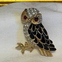 Rhinestone Owl Brooch, Ornate Bird Pin, Black and Gold Plumage