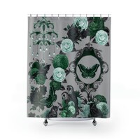Mystic Victorian Gothic Glow Shower Curtain/Raven, Owl, Roses, Chandelier in Gray and Green Shower C