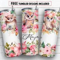Owls and flowers 20 oz skinny tumbler sublimation design Watercolor Add name / text Floral digital P