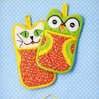 2 Vintage 60s, Cat Face and Owl, Hot Oven Mitts and Pot Holder Sewing Patterns pdf, Instant Digit