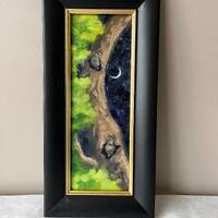 Original Owl Oil Painting: Night Scene with Frame (5x14)
