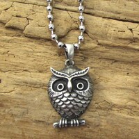Owl Pendant Necklace, 32x31mm Owl Pendant, Custom Length 3.2mm Stainless Steel Ball Chain Necklace, 
