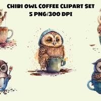 Chibi Owl Coffee Watercolor Clipart Set: 5 PNG Graphics (Digital Download)