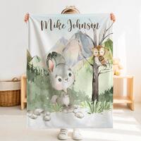 Mountain Bunny Owl Minky Baby Blanket: Personalized Woodland Nursery with Custom Name