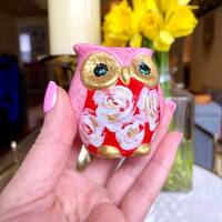 Hand-Painted Owl Figurine: Pink and Red with White Roses