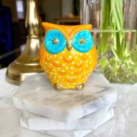 Hand-Painted Owl Figurine: Yellow, Gold, and Blue
