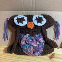 Handmade Crochet Owl Cuddle Pillows in Soft Brown, Pink, and Yellow Yarn