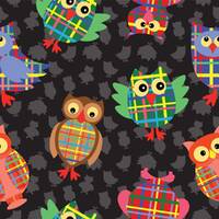 Fabric By The Yard Novelty Birds Owls MDG Give a Hoot, black with multicolored plaid owls