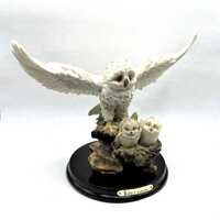 White Snowy Owl Figurine with 2 Hatching Owlets Ruby's Crown Collection on Solid Wood Base Polar