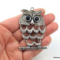 Large Pewter Owl Pendant with Black Rhinestone Eyes on Branch, 67 x 40mm Dangle Antiqued Silver Bird