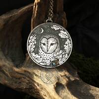 Owl and Moon Necklace - Barn Owl Pendant - Silver Moonstone Owl Necklace - Crescent Harvest Necklace