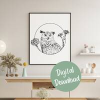 Wildlife Line art Prints, Owl Wall Art, Fineline printable art, Minimal Floral Prints, Botanical Pri