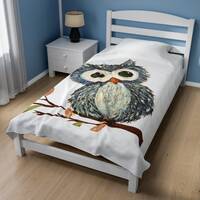 Blue Owl on White Velveteen Plush Blanket - Adorable, Kids, Nursery, Soft Throw | Owl Baby Blanket |