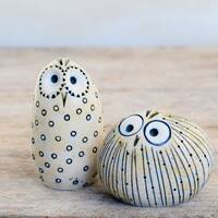 2 Owls ceramic figurine and owl gift sculpture for owl garden decor with barn owl figurine, owl teac