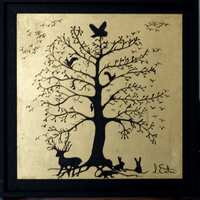 Tree of life Iconic wildlife painting gold leaf original glowing gold stag owl birds woodpecker squi