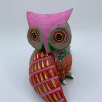 Pink Multi Colored Floral Owl Alebrije Traditional Solid Copal wood Sculpture Oaxaca Traditional Hom