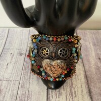 Steampunk Owl Cuff Bracelet, Gothic Beaded Embroidery Jewelry, Handmade