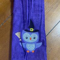 Embroidered Velour Hand Towel - Halloween - Owl Witch W/Broom - Purple Towel