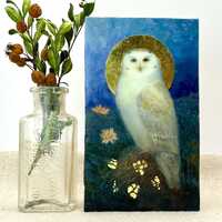 Snowy Owl Saint Encaustic Painting: 23k Gold Leaf Bird Art, 3x5 Miniature by Dominique Gustin