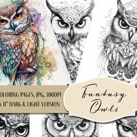 10 Grayscale Fantasy Owls Coloring Book, Printable Adult Coloring Pages, Instant Download Illustrati