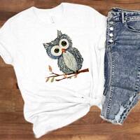 Blue Owl Bird Short Sleeve Heavy Cotton T-Shirt | Crew Neck Unisex Jersey T-Shirt | Owl Lover T-Shir